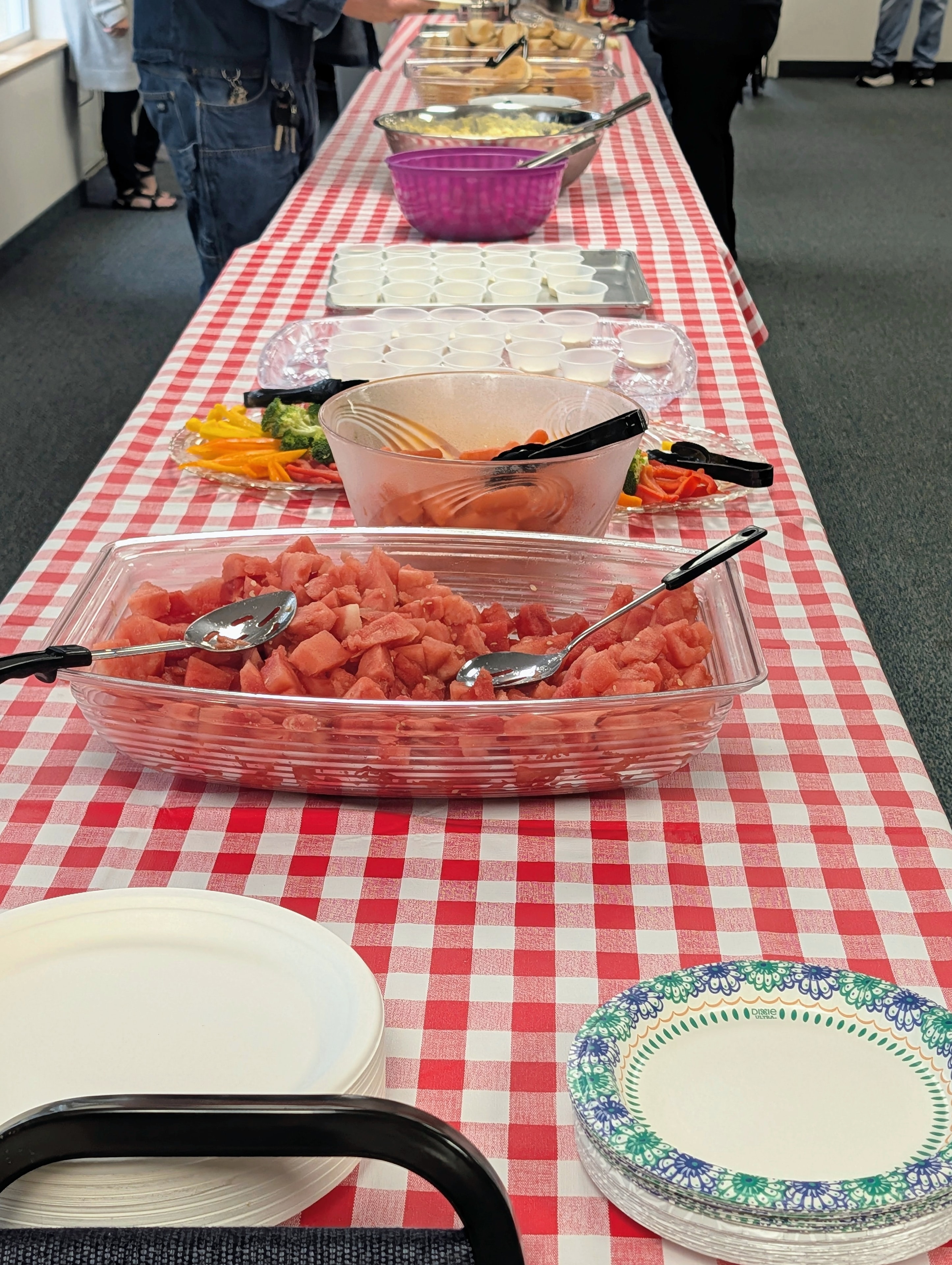 Food table with red gingham tablecloth at the event